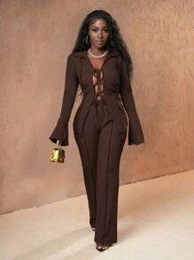 Slaydiva 2 Pieces Set Tie Front Shirt With Bow & Solid Flared Knit Pants - Brown - View 3