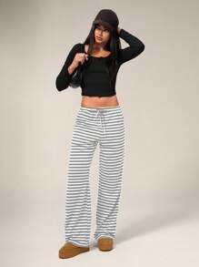 Forever 21 秋冬款松紧腰抽绳宽松休闲居家长款条纹针织裤 - 灰色 - 查看 6