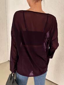 DAZY 1 件女式纯色透明轻薄长袖衬衫，春夏秋季女装 - 酒紅色 - 查看 2