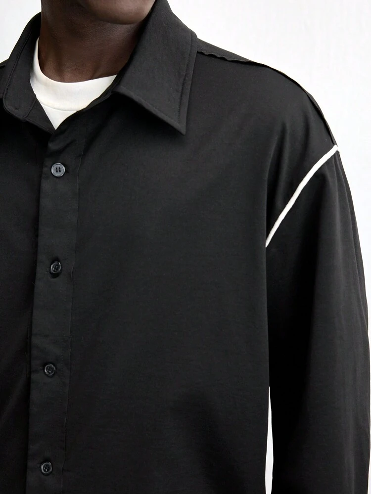 SHEIN Maija Men's 2025 Spring/Summer New Black Lapel Loose Open Front Single-Breasted Raglan Sleeve Casual Daily Versatile Fashion Commute Simple Design Vacation New Year Party Shirt