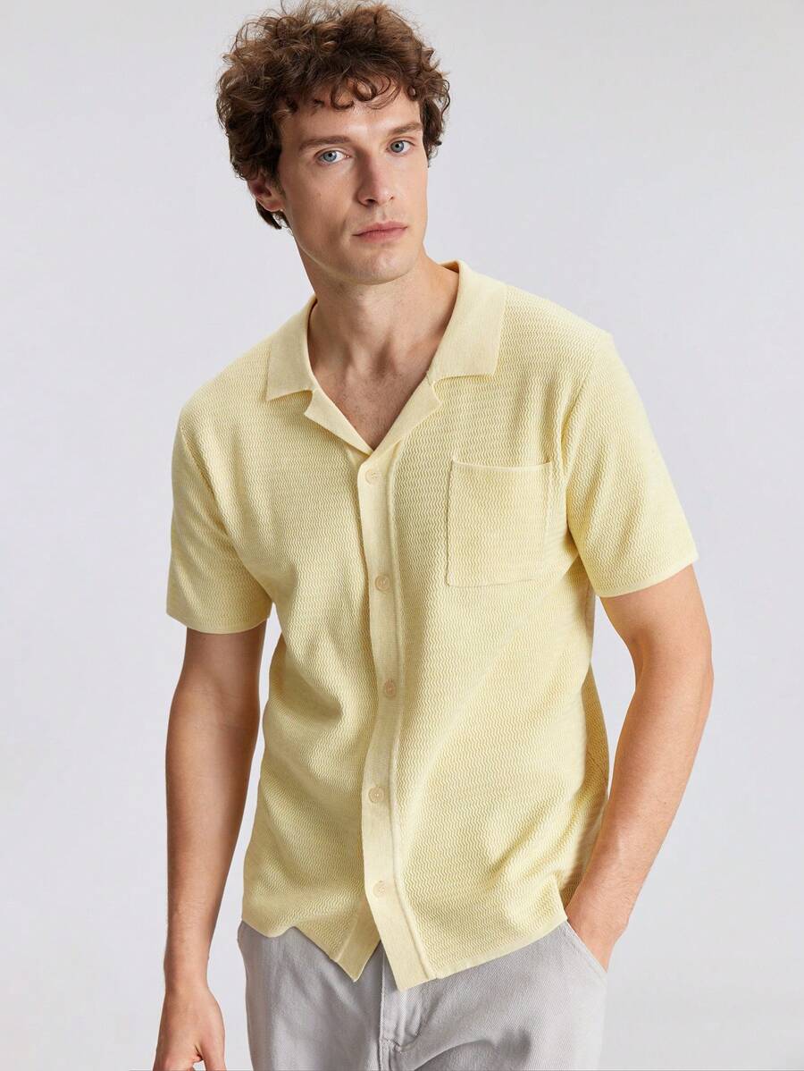 Ontre Men's Solid Color Front Button Short Sleeve Pocket Simple Casual Sweater Outing Clothes, New Styles For Spring And Summer 2025, Travel, Holiday And Commuting - Mustard Yellow - View 1