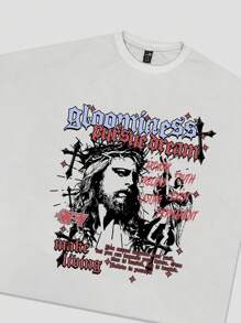 ROMWE MEN Street Life Men's Heavyweight Loose Short Print Short Sleeve T-Shirt