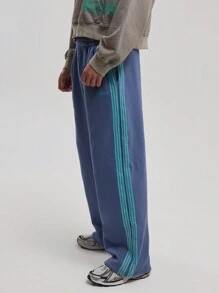 Musero 男士阔腿撞色条纹拼接针织运动裤 春夏款 - 霧霾藍 - 查看 3