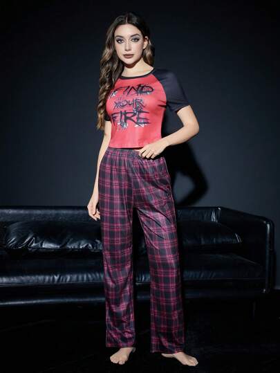 Grunge Punk Gothic Dark Punk Font Design Raglan Sleeves T-Shirt & Plaid Pants Pajama Set