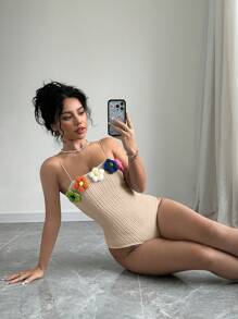 Elenzga Simple 3D Flower Decor Spaghetti Strap Tight-Fitting Casual Cold Shoulder Top - Apricot - View 6