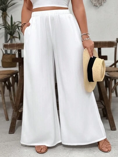 SHEIN VCAY Pantalones anchos casuales y sueltos de tela texturizada blanca con bolsillos, adecuados para vacaciones en la playa, talla grande