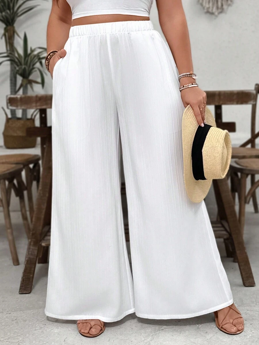 SHEIN VCAY Plus Size White Textured Fabric Loose Casual Wide Leg Pants With Pockets, Suitable For Beach Vacation
