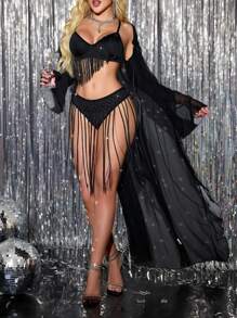 2pcs Set Sequined Design Sexy Lingerie For Women - Black - View 1