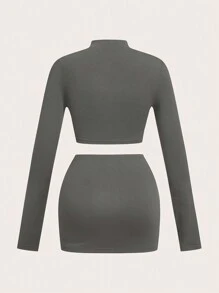 Slaydiva 2pcs/Set Women's Utility Pocket Cropped Long Sleeve Top & Bodycon Mini Skirt - Grey - View 2