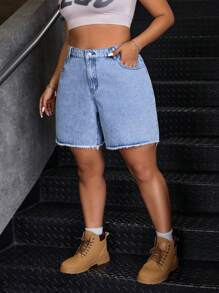 SHEIN ICON Shorts informales de mezclilla con botones, bolsillos y bajo deshilachado, tallas grandes para verano