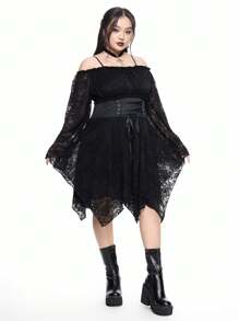 ROMWE Plus Size Elegant Gothic Waist Tie Decor Asymmetrical Hem Off Shoulder Lace Midi Dress - Black - View 6