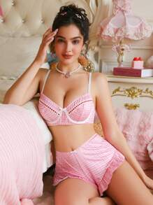 PetitDoll 女士格子蝴蝶结装饰时尚内衣套装 - 粉色 - 查看 1