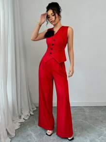Elenzga 2pcs Set: Red 3D Flower Decor Button Front Pants
