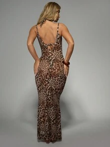 MISSGUIDED Leopard Print Beach Cover Up Dress Mesh Sheer Maxi Length Cowl Neck Bodycon Evening Party Cruise Resort Vacation Dress Swim Cover Up - Multicolor - View 2