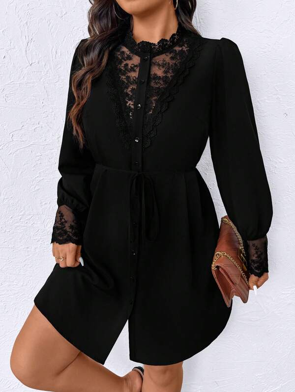 Juhart Plus Size Women Slimming V-Neck Hollow Out Lace Dress Fall Cloth For Women