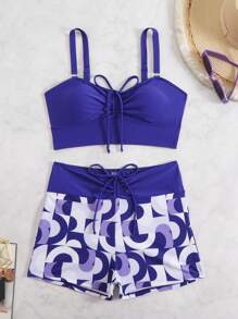 SHEIN Beach Outfits For Women: 2pcs Knit Holiday Party Outing Printed & Solid Color Spaghetti Strap Backless Sexy Elegant Strapless Summer Set Includes Bowknot Bikini - Multicolor - View 1