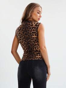 SHEIN LUNE 4 Seasons Women Leopard Print Turtleneck Pullover Tank Top With Ruched Design, Stretchy And Comfortable - Multicolor - View 3