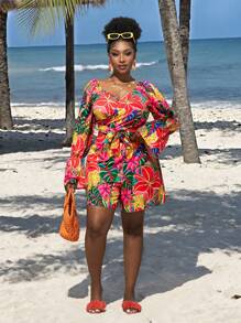 Slaydiva Conjunto de 2 piezas con estampado y tirantes cruzados en la espalda, adecuado para vacaciones de primavera y verano en tallas grandes