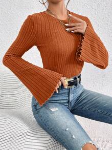 SHEIN Frenchy Lettuce Trim Trumpet Sleeve Ribbed Textured Fabric Special Sleeve Knit Tee - Orange - View 5