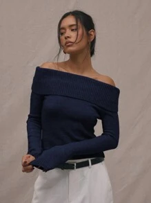 MUSERA Knitted Fold Over Jumper Spring Casual Brunch Summer Airport Cute Comfy Holiday - Navy Blue - View 1