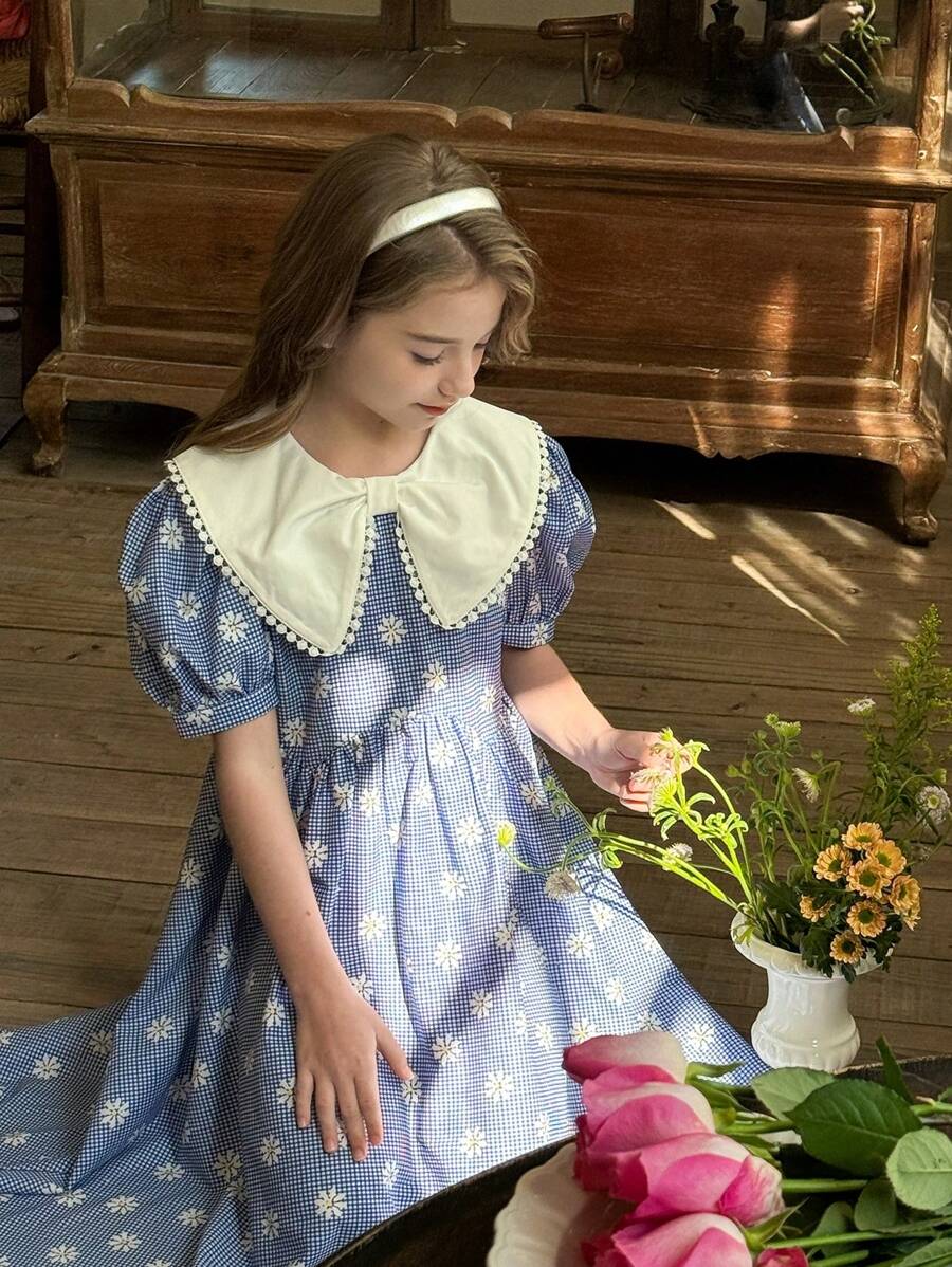 LMoss Kids LMoss Tween Girl 碎花格子褶饰领休闲修身喇叭裙,白色蕾丝翻领,适合春夏季 - 藍色 - 查看 1
