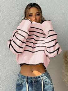 Muchica 女式休闲高领条纹落肩长袖毛衣，秋冬 - 粉色 - 查看 5