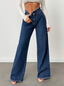 EURMUSE 100%Cotton Rigid, Belt Detailed Wideleg Fit - Dark Wash - View 4