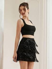 Aveloria Rosie 奢华性感流苏亮片装饰迷你紧身裙，适合派对穿着，优雅时尚，全身印花