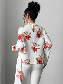 Calvaya Camisa de mujer con patrón de rosa y cuello de bufanda, manga larga, elegante