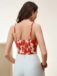 Anewsta 女士编织红杏色大花印花珠饰肩带时尚百搭背心夏季优雅度假