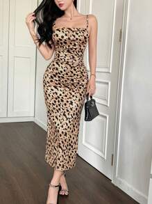 DAZY Vestido midi de tirantes finos sin mangas con estampado de leopardo, vestido elegante de verano para vacaciones - Marrón - Ver 2