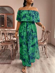 SHEIN VCAY Rochie de vacanță cu umăr dezactivat cu volane, cu imprimeu Boho Tie Dye, de mărime Plus, pentru vară - Verde - Vizualizare 7