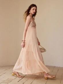 MOTF PREMIUM CONTRAST SEQUIN FLOWY CAMI DRESS,SPRING/SUMMER - Apricot - View 7
