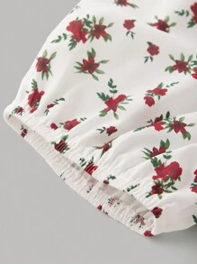 SHEIN Girlism Teen Girls' Floral Print Lantern Sleeve Square Neck Casual Split Hem Dress - Red - View 5