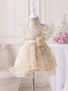 Glamorique Kids Sukienka dla dziewczynek na wiosnę/lato z kwadratowym kołnierzykiem i falbaniastym brzegiem, haftowana siateczka, elegancka, przepiękna i słodka