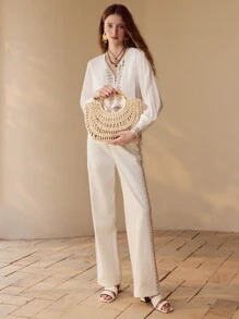 MOTF PREMIUM 时尚度假编织手提包 - 米色 - 查看 7