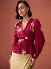 MOTF PREMIUM BLUS PEPLUM MOTIF BUNGA CHIFFON - Merah - View 6