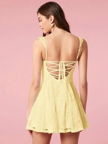 Enchnt Đầm mini rộng rãi, đơn sắc, viền bèo nhún, thường ngày cho nữ - Màu vàng - Xem 2