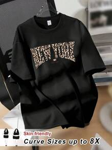 SHEIN CURVE+ Plus Size Women's Leopard Print Letter Casual Round Neck Short Sleeve Plus Size T-Shirt Pullover, Summer