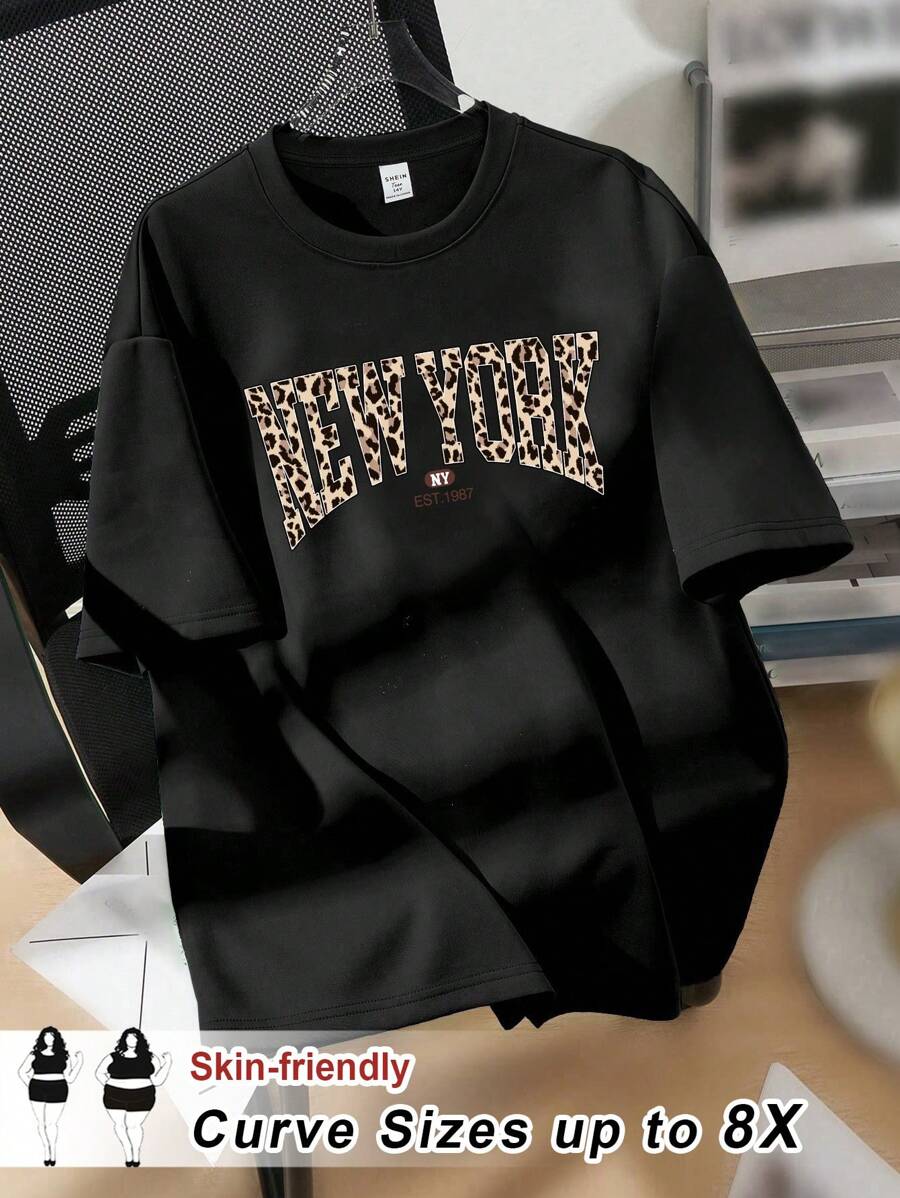 SHEIN CURVE+ Plus Size Women's Leopard Print Letter Casual Round Neck Short Sleeve Plus Size T-Shirt Pullover, Summer