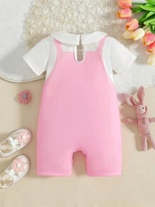 SHEIN Baby Girls Cute Cartoon Print White Peter Pan Collar Pink Contrast Color Suspender Pants, 2 In 1 Sweet Romper Suitable For Daily Life And Photo Shoots - Multicolor - View 2