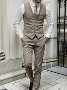 Manfinity Mode Plus Size Men's Simple Fashion Casual Vest And Trousers Set, Daily Wear