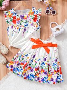 SHEIN 2pcs/Set Tween Girl Elegant Floral Print Top & Skirt With Belt - Multicolor - View 1