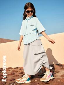 SHEIN Tween 女童简约时尚休闲日常纯色短袖衬衫 - 藍色 - 查看 4