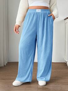 SHEIN EZwear Quần Cargo cạp cao mùa hè cỡ lớn cho nữ có túi và thiết kế miếng vá, vải nhung kẻ, phù hợp mặc ở trường học, mặc hàng ngày và làm việc trong nhà, mùa thu/đông - Màu xanh lam - Xem 7