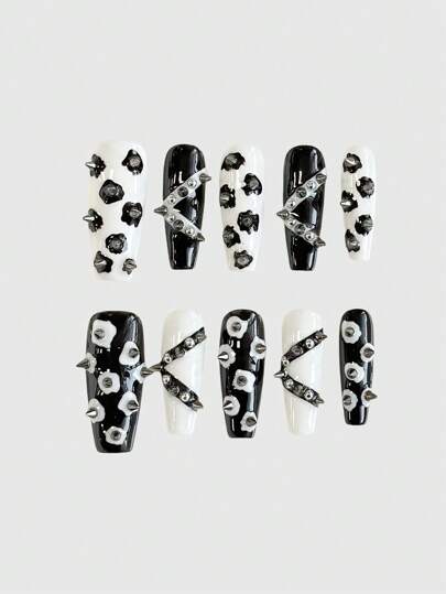 Kawaii 10pcs Goth Style Rivet Handmade High-Quality Press-On Nails + 3pcs Double-Sided Adhesive, Y2K Gothic Nail Art Stickers, Removable Contrast Color Hand-Painted Nail Wraps, Suitable For Holidays, Parties, Dance And Daily Wear, Halloween