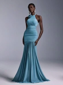 Elitara Elegant Turquoise Floral Pleated Bodice Mesh Mermaid Bridesmaid Dress - Teal Blue - View 7