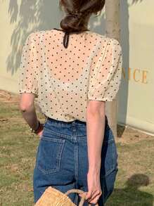 DAZY Women's Cute Polka Dot Patchwork Short Sleeve 2 In 1 Blouse