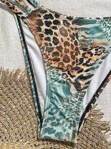 Swim Vcay Conjunto de bikini de tirantes finos con decoración metálica y estampado de leopardo aleatorio ajustable para mujeres en verano para la playa y vacaciones