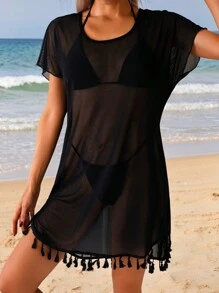 Swim Lushoire Vestido de cubrir con mangas cortas, bajo con flecos y malla para mujer, ideal para vacaciones en la playa de verano - Negro - Ver 3